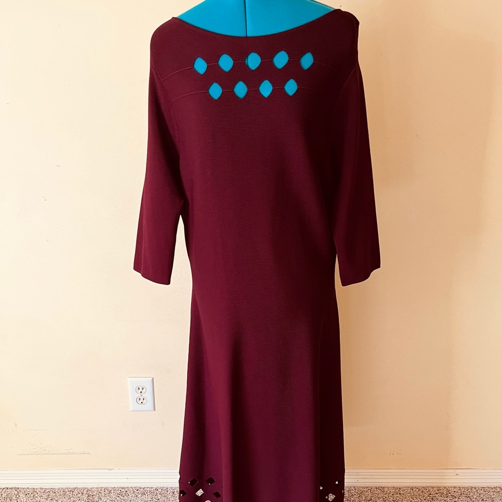 Nic+Zoe Time Out Twirl 3/4-Sleeve Cutout Dress Womens XL A-Line Midi Maroon